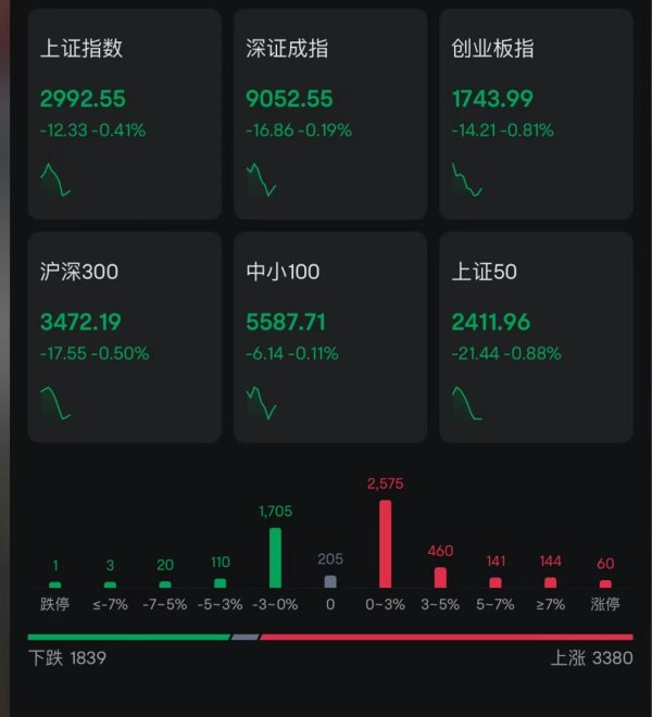 专业股票配资门户 A股小幅跳水指数走弱，下跌个股近2500只！半小时成交3018亿，北上资金净卖出超10亿；宁德时代跌超3%